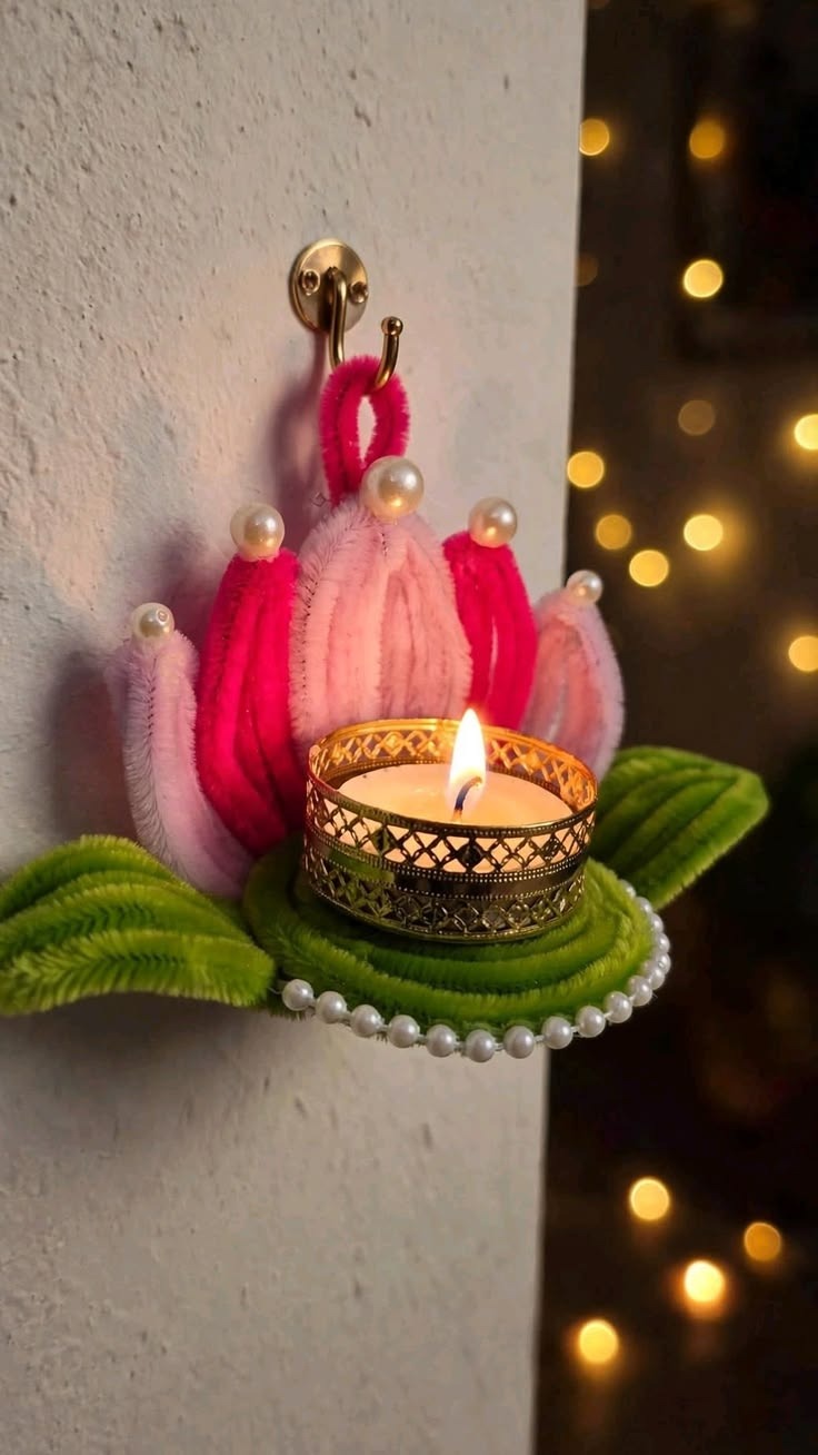 Handmade lotus tealight wall hanging glowing with fairy lights — Diwali decor by Nimantran by Amisha