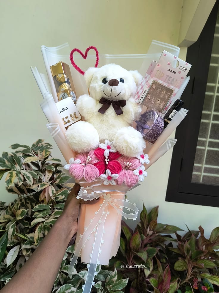 Teddy, Choco & Candle Bouquet — handmade combo bouquet by Nimantran by Amisha
