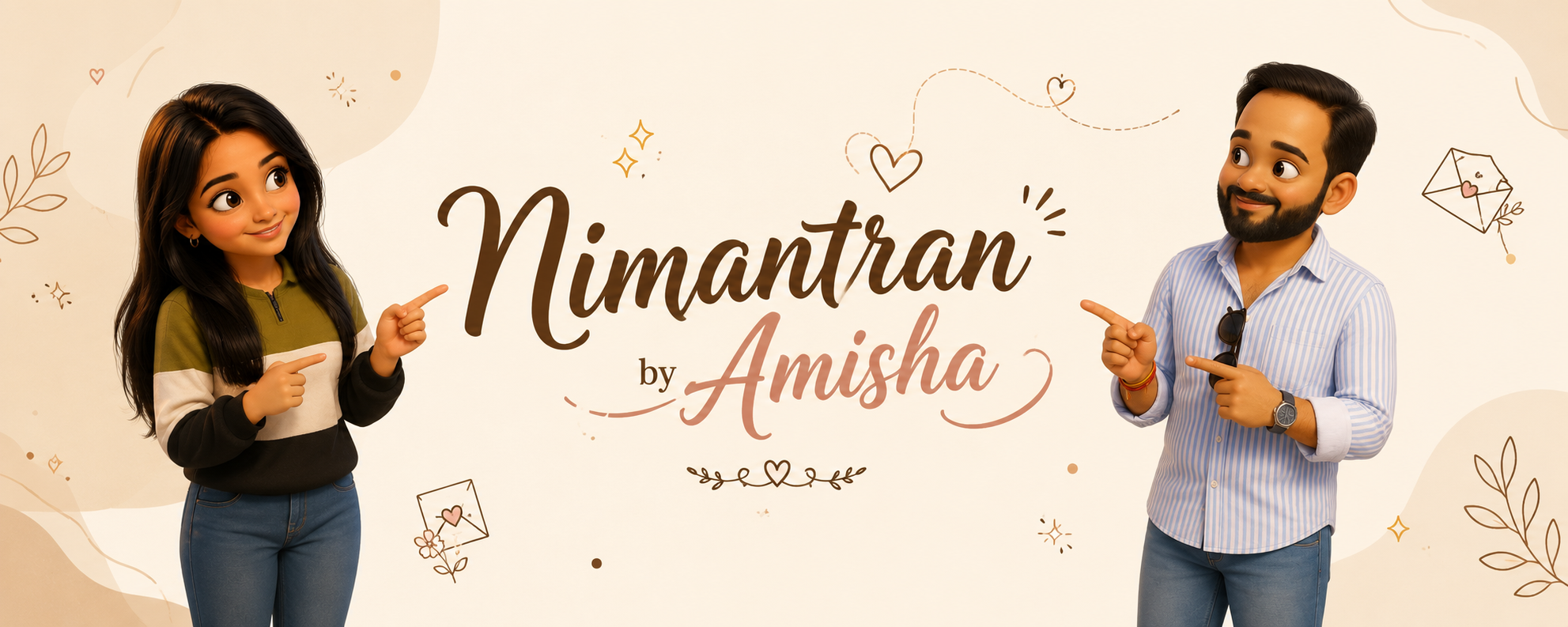 Nimantran by Amisha founder and co-founder banner with 3D Pixar-style characters pointing to the brand logo