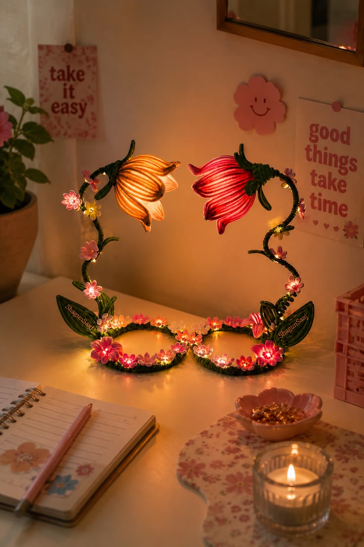 Twin Bloom Flower Lamp — handmade pipe cleaner flower lamp by Nimantran by Amisha