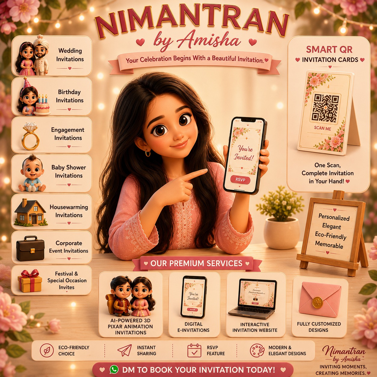 Nimantran by Amisha premium services — wedding, birthday, engagement, baby shower, housewarming, corporate and festival invitations, plus AI 3D Pixar animations, digital e-invites, interactive websites and smart QR invitation cards