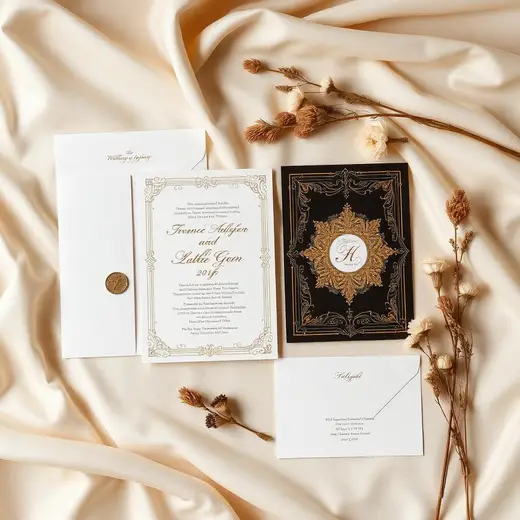 Bespoke Indian wedding invitation suite with gold wax seal by Nimantran by Amisha