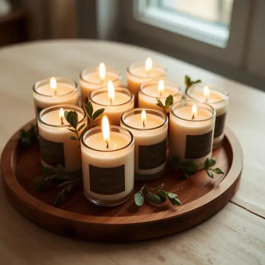 Handcrafted scented soy candles on wooden tray — Indian wedding favours